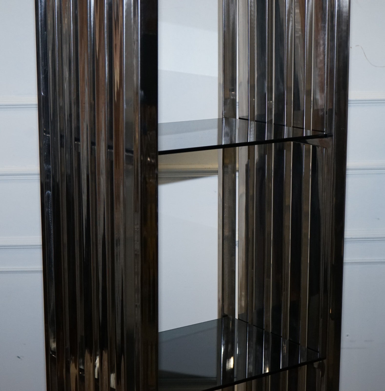 STUNNING CASA PADRINO STAINLESS STEEL PAIR OF BOOKCASES AND SMOKED GLASS SHELFS